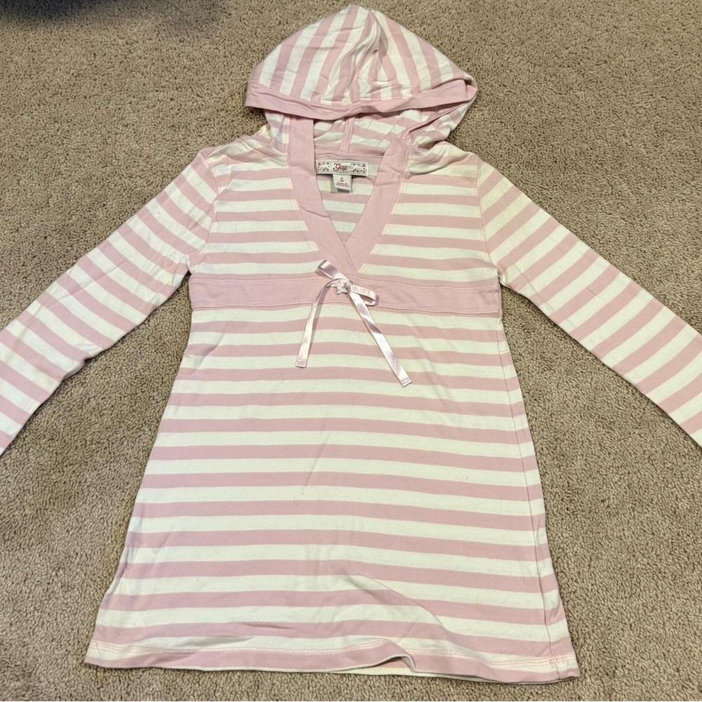 Girls GAP 8(M) Pink and White Striped Tunic Shirt with hood